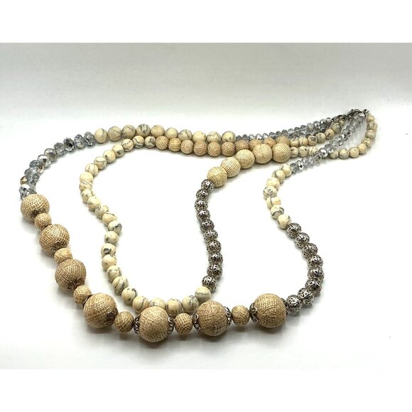 Layered Mixed Bead Necklace With Beige and Silver Tones Adjustable Clasp - Picture 2 of 8